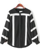Romwe Black Long Sleeve Striped Loose Chiffon Blouse