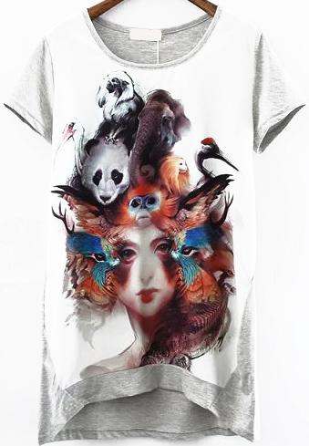 Romwe Dip Hem Panda Print Grey T-shirt