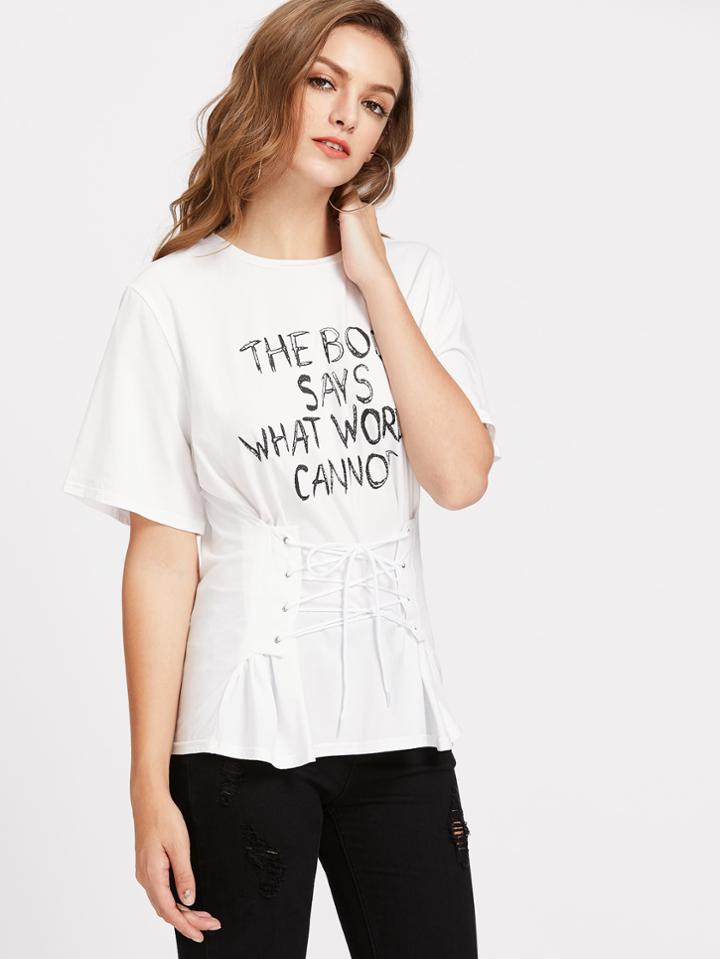 Romwe Slogan Print Lace Up Corset Tee