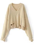 Romwe Plunge Neckline Drop Shoulder Ripped Sweater