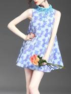 Romwe Sleeveless Bead A-line Blue Dress