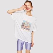Romwe Drop Shoulder Painting Print Top