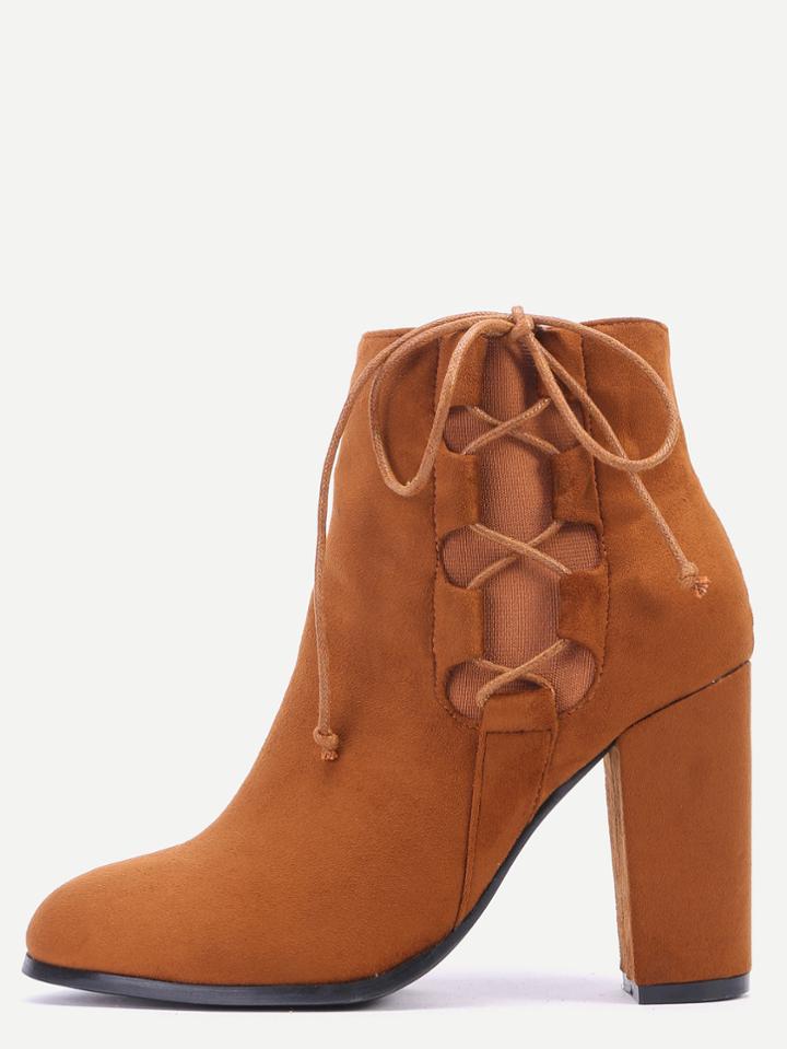 Romwe Camel Faux Suede Lace Up Side Short Boots