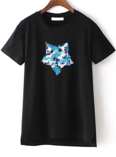 Romwe With Sequined Star Pattern Black T-shirt