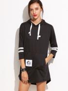 Romwe Black Varsity Striped Patch Pocket Hooded Sweatshirt Dress