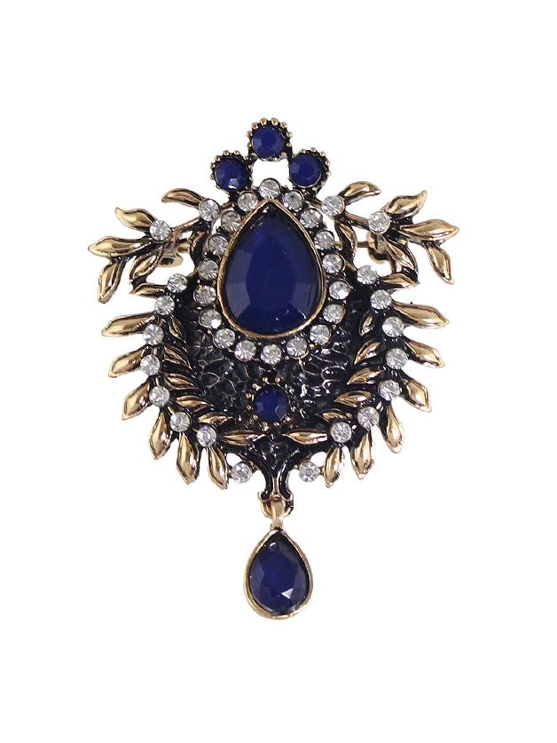 Romwe Blue Bronze Rhinestone Flower Brooch