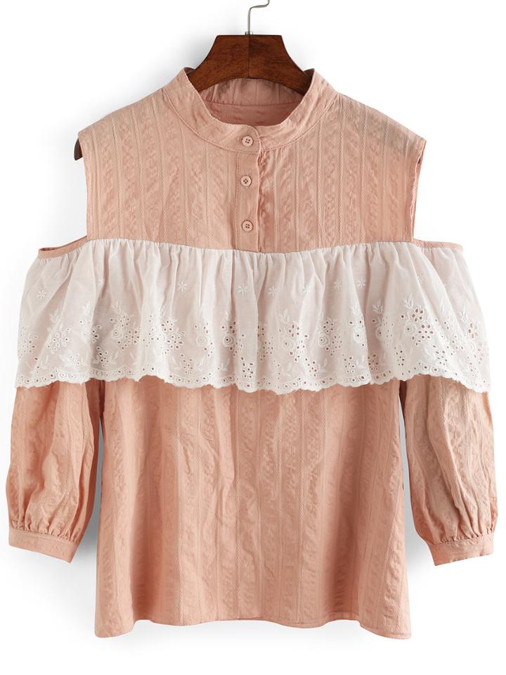 Romwe Cutout Shoulder Embroidery Ruffle Blouse