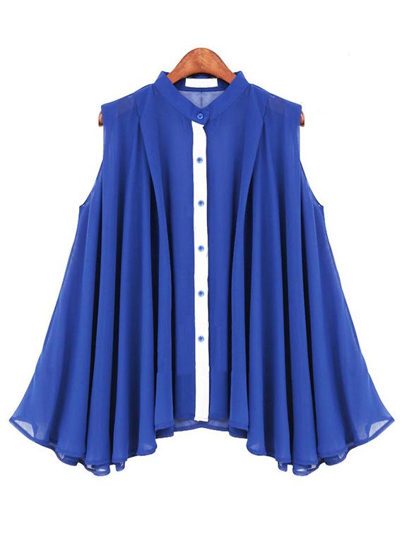 Romwe Blue Button Stand Collar Pleated Chiffon Blouse
