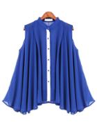 Romwe Blue Button Stand Collar Pleated Chiffon Blouse