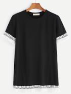 Romwe Black Contrast Crochet Hem T-shirt