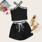 Romwe Letter Tape Top With Drawstring Shorts