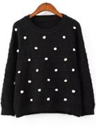 Romwe Round Neck Ball Embellished Black Sweater