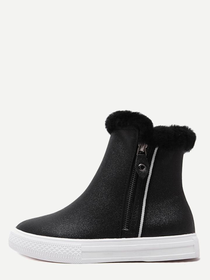 Romwe Black Glitter Pu Fur Cuff Rubber Sole Flat Boots