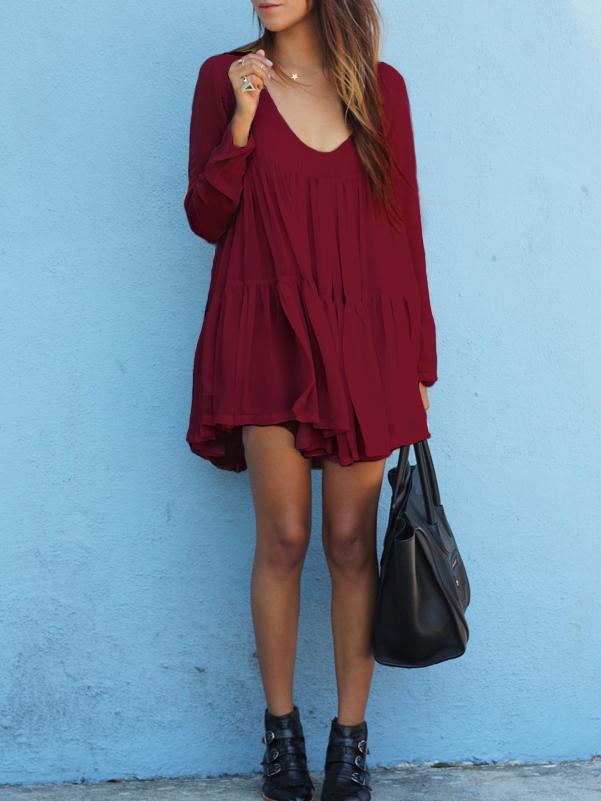 Romwe Red V Neck Long Sleeve Pleated Dress