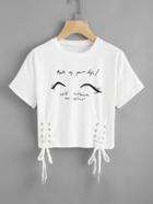 Romwe Eyelet Lace Up Side Slogan Print Tee