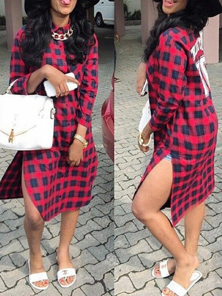Romwe Letter Print Plaid Slit Shirt Dress