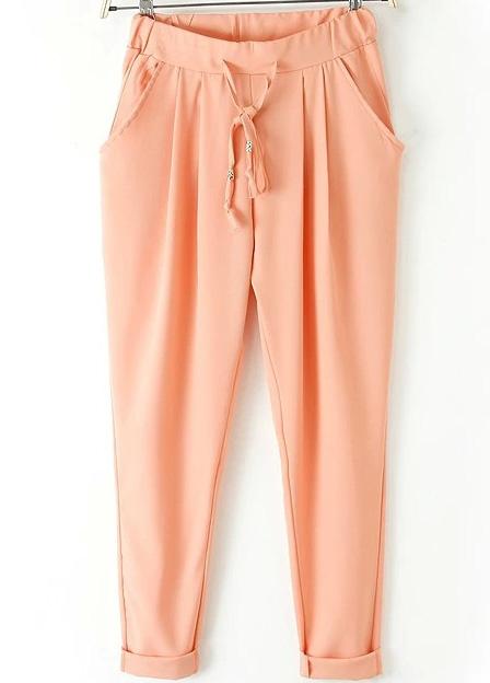 Romwe Drawstring Waist Pockets Orange Pant