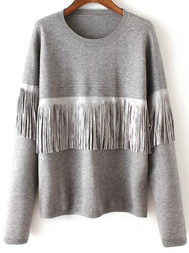 Romwe Crew Neck Fringe Grey Sweater