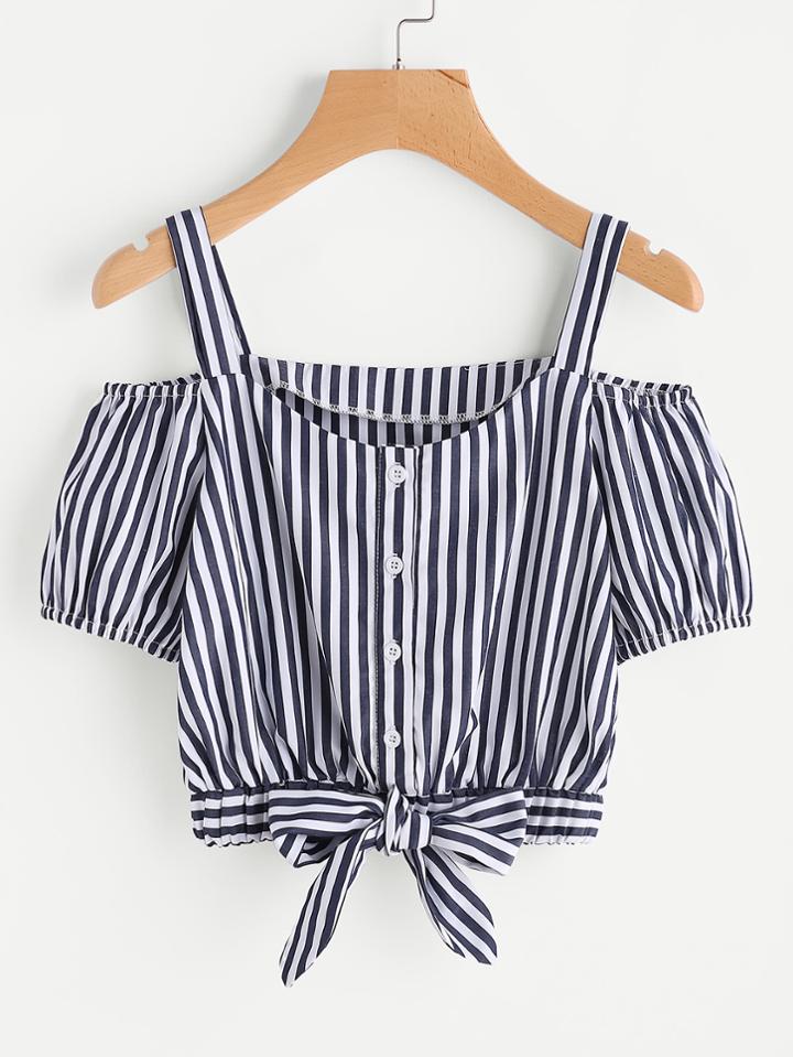 Romwe Vertical Striped Bow Tie Hem Top