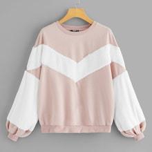 Romwe Bishop Sleeve Contrast Faux Fur Pullover