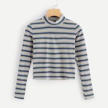 Romwe Striped High Neck Crop Tee