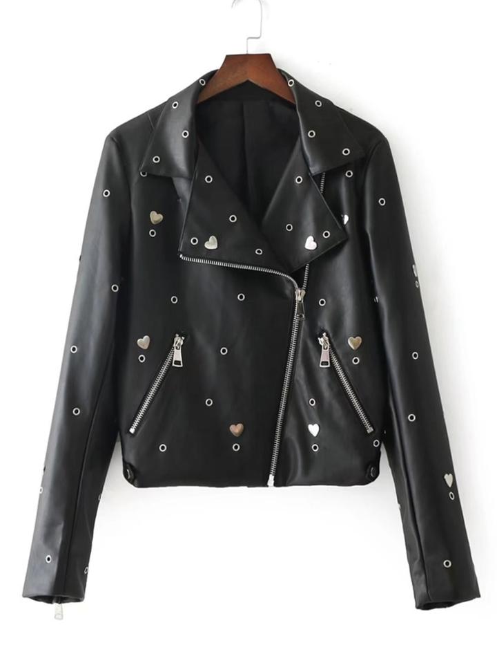 Romwe Eagle Embroidery Grommet Biker Jacket