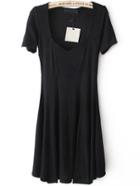 Romwe Square Neck Pleated Black Dress