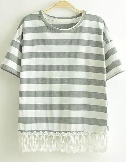 Romwe Contrast Lace Hem Hollow Striped Grey T-shirt