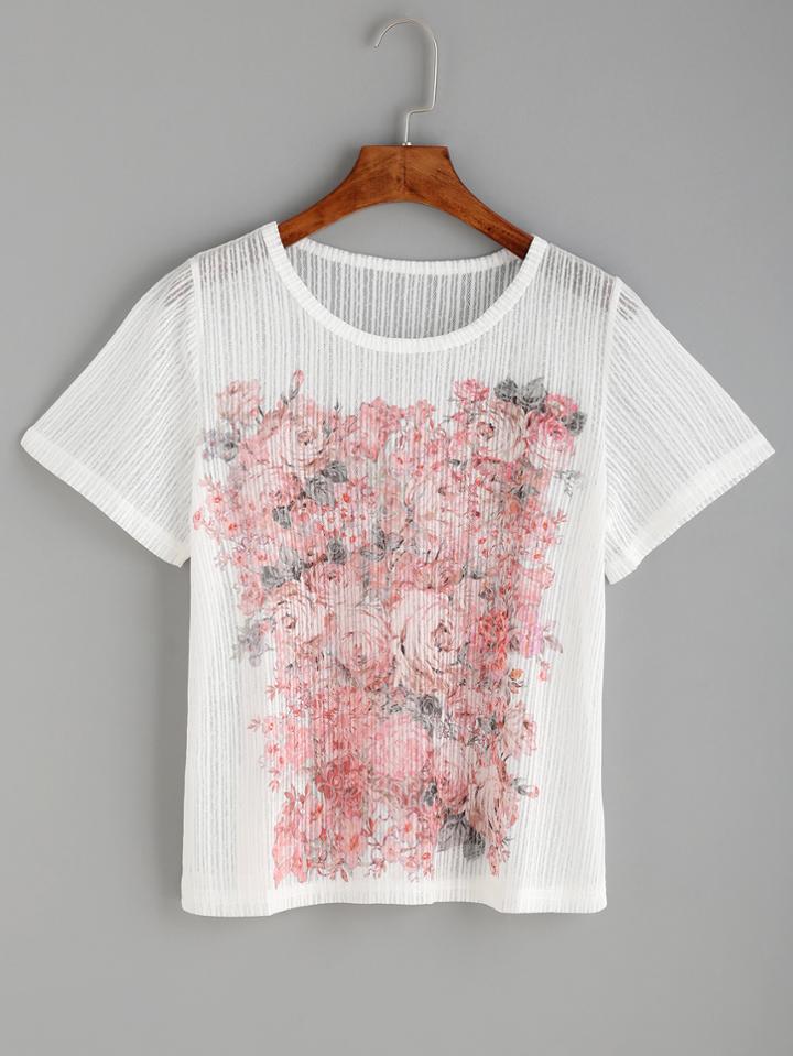Romwe White Rose Print Striped Mesh T-shirt