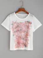 Romwe White Rose Print Striped Mesh T-shirt