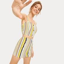 Romwe Multi-striped Button Front Crop Top & Shorts