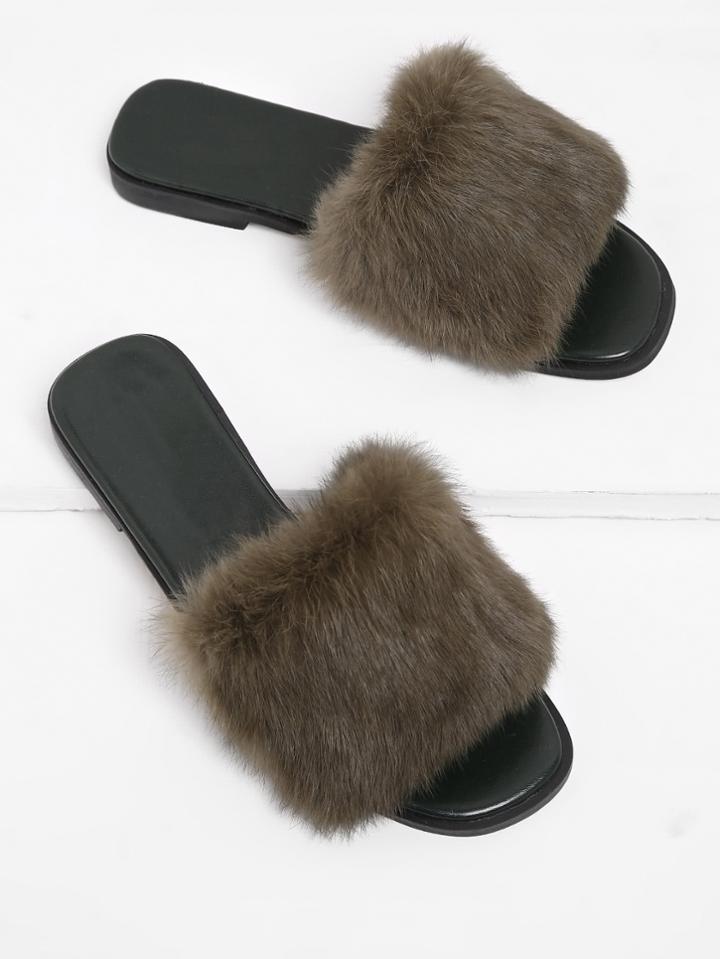 Romwe Faux Fur Decorated Slide Sandals