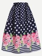 Romwe Navy Polka Dot And Rose Print Box Pleated Midi Skirt