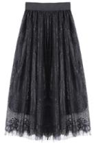 Romwe Mesh Lace Midi Pleated Black Skirt