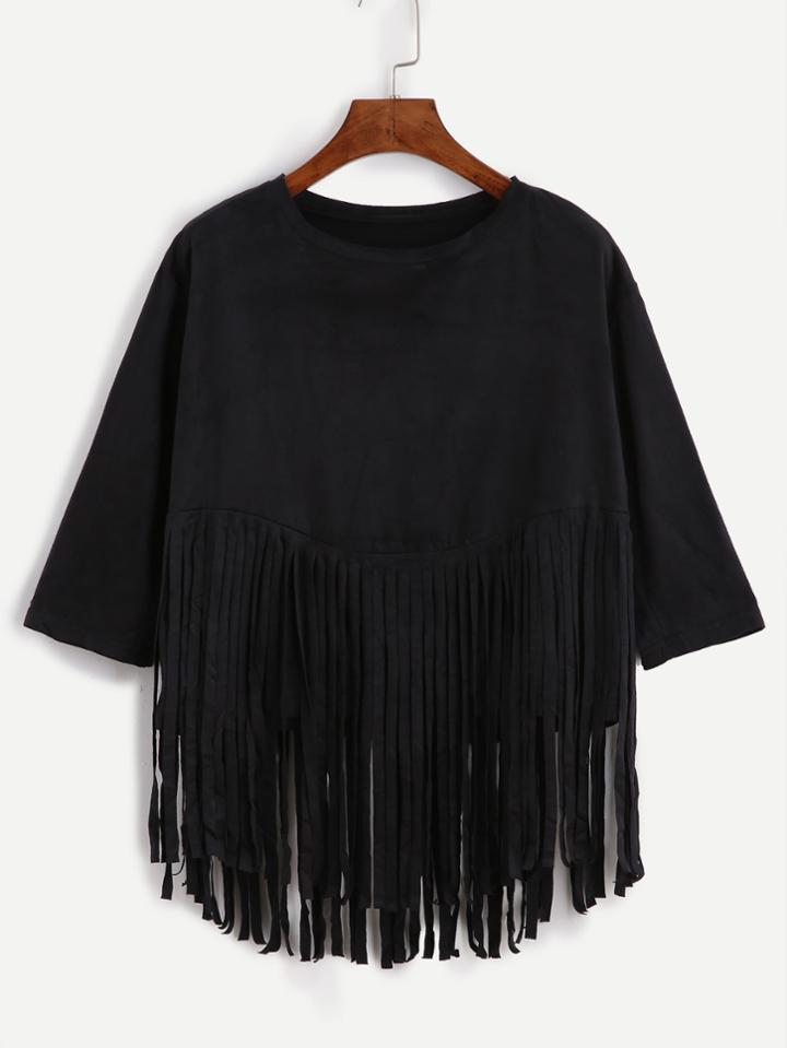 Romwe Black Faux Suede Fringe T-shirt