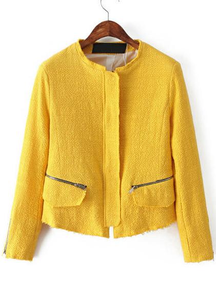 Romwe Zipper Pockets Embellished Crop Coat
