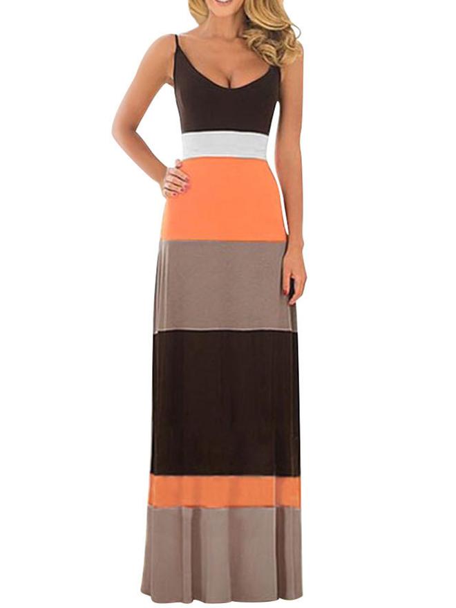 Romwe Spaghetti Strap Striped Maxi Orange Dress