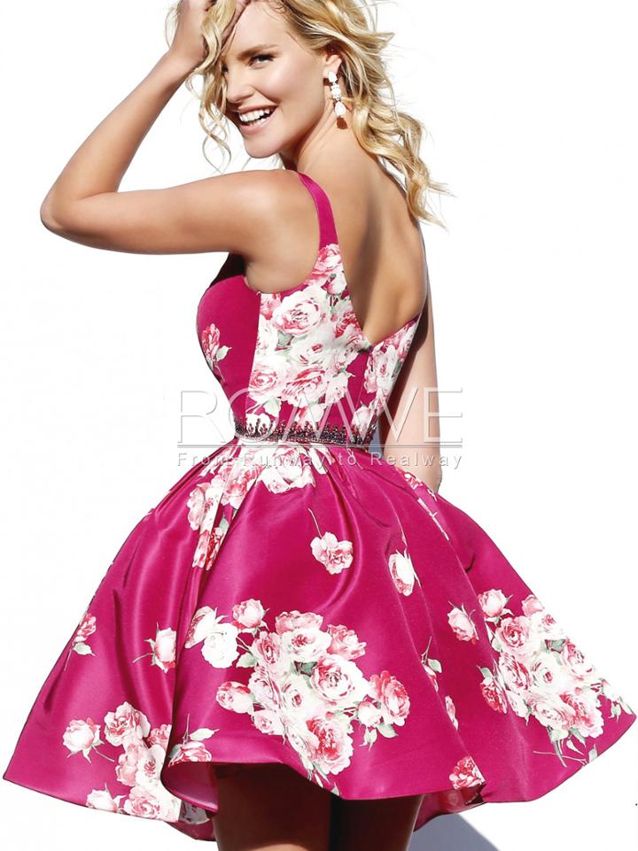 Romwe Pink Floral Embellished Waist Flare Cami Dress
