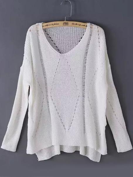 Romwe V Neck Side Split Hollow White Sweater