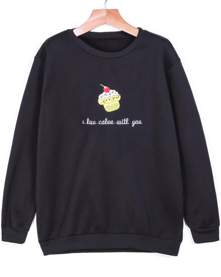 Romwe Cake Embroidered Black Sweatshirt