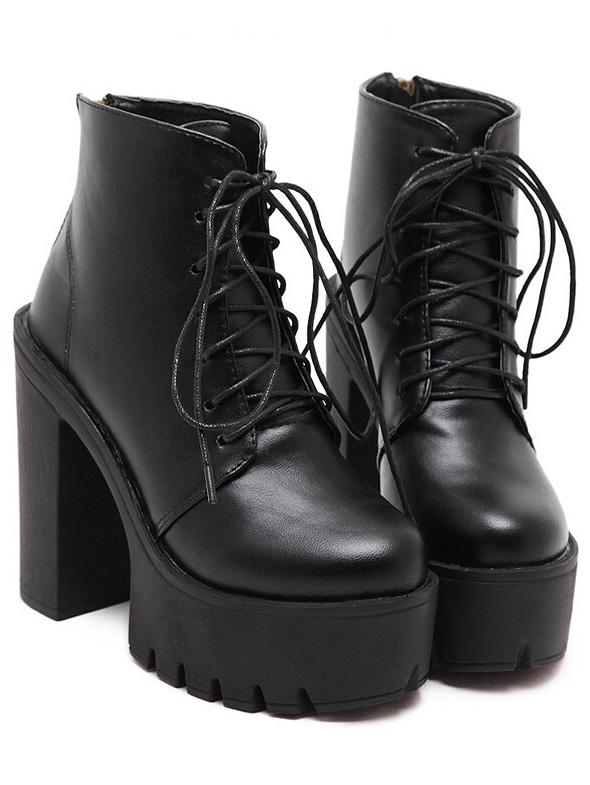 Romwe Black Lace Up Thick-soled Boots