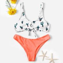 Romwe Cactus Print Knot Front Mix & Match Bikini