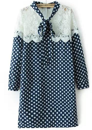 Romwe Blue Tie-neck Lace Polka Dot Dress