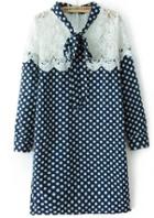 Romwe Blue Tie-neck Lace Polka Dot Dress