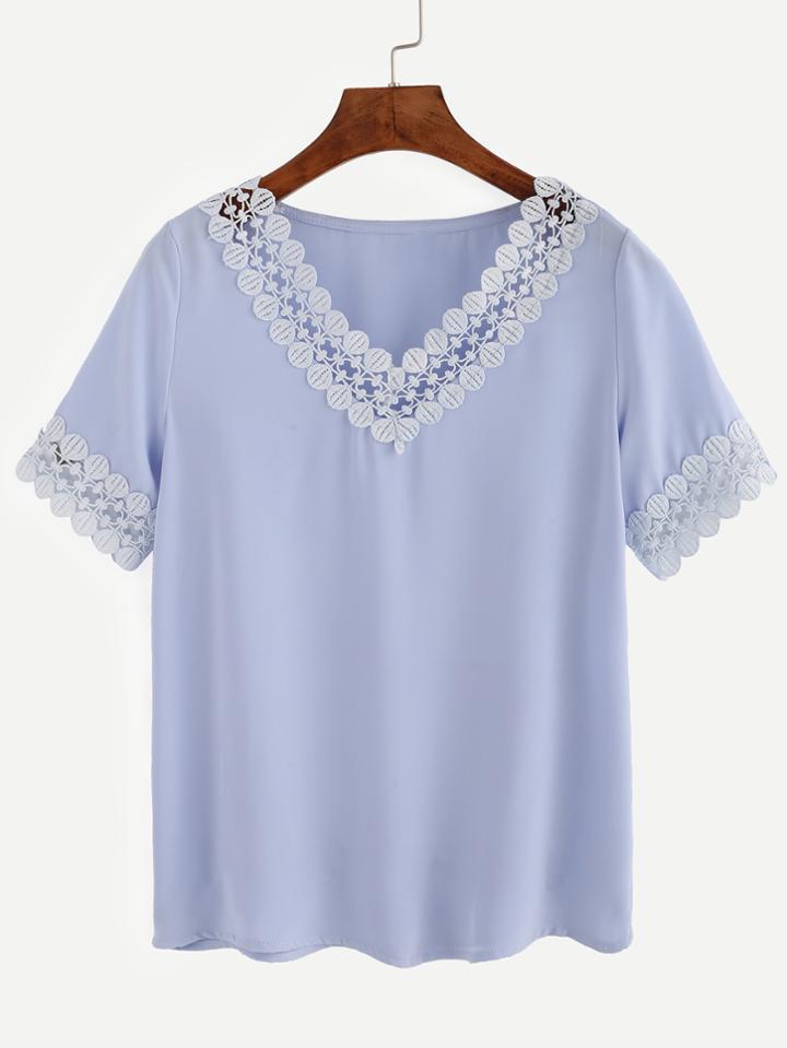 Romwe Blue V Neck Crochet Lace Trim Blouse