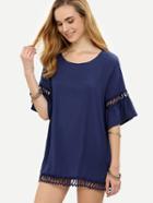 Romwe Navy Eyelet Crochet Insert Ruffled Sleeve Dress