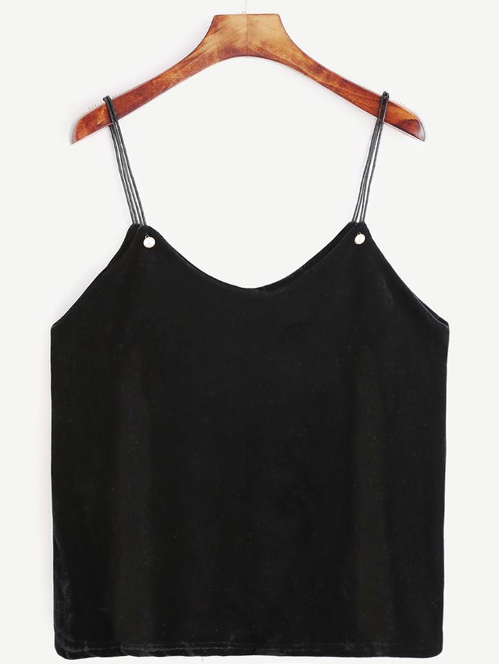 Romwe Black Corduroy Pearl Embellished Cami Top