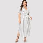 Romwe Plus Striped Belted Split Dress