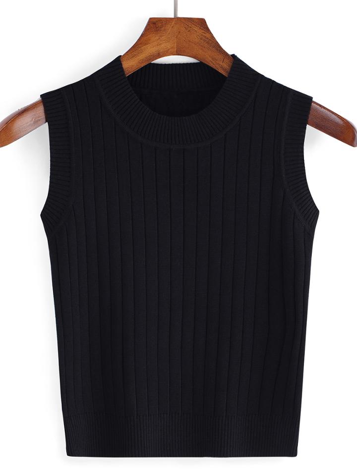 Romwe Round Neck Slim Black Sweater Vest