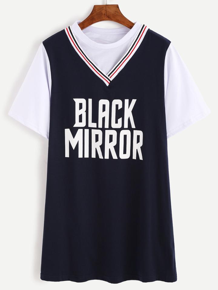 Romwe Navy Letters Print Contrast Trim Sport Tee Dress